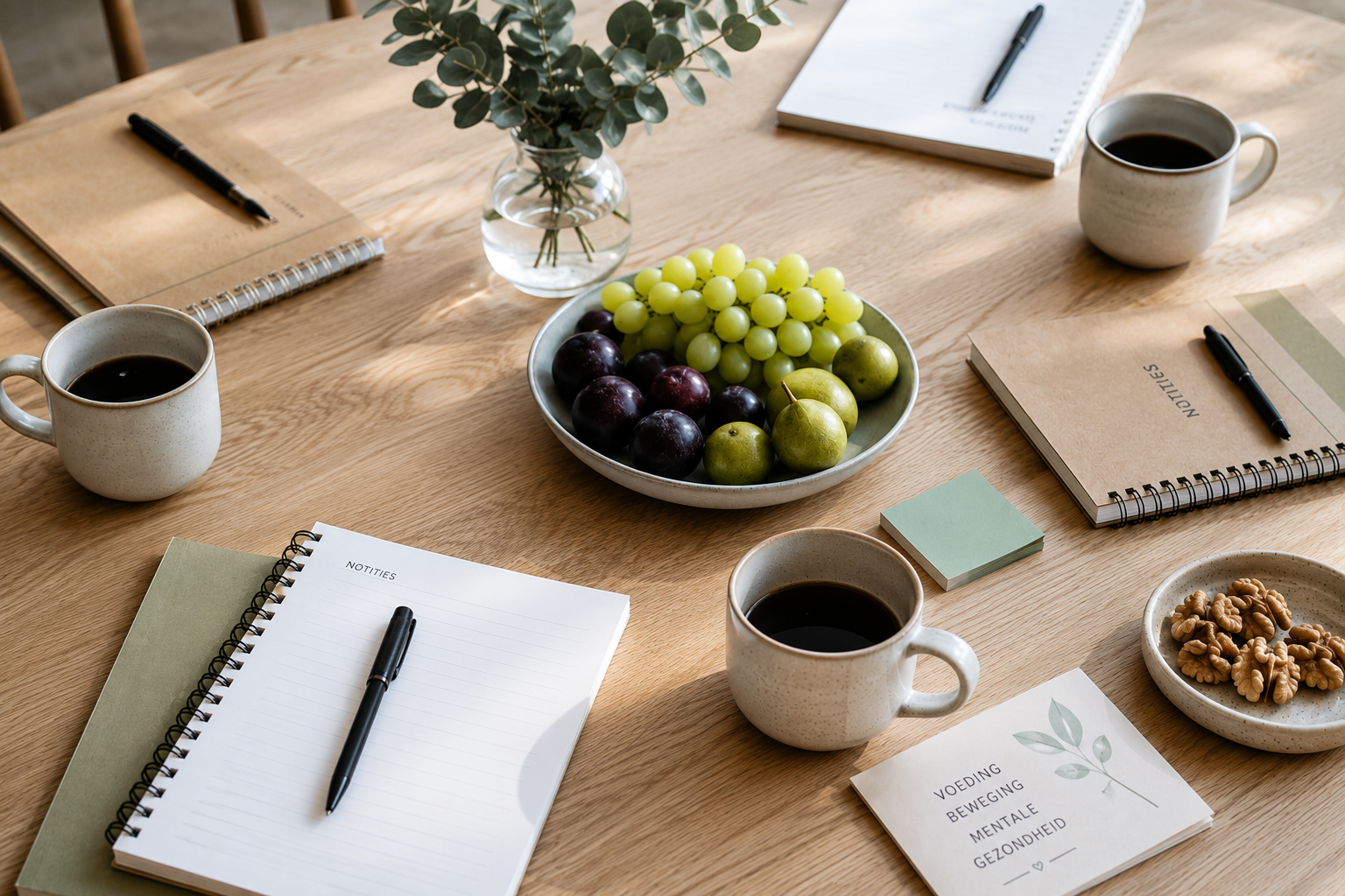 Werktafel met koffie, notitieboeken, fruit en walnoten voor een FIKA vitaliteitsbijeenkomst