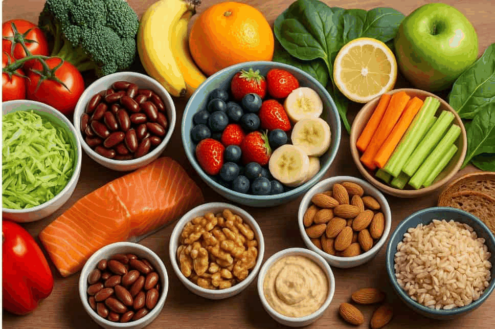 Groente, fruit, peulvruchten, noten, volkorenproducten en vis als basis voor een gezond voedingspatroon.